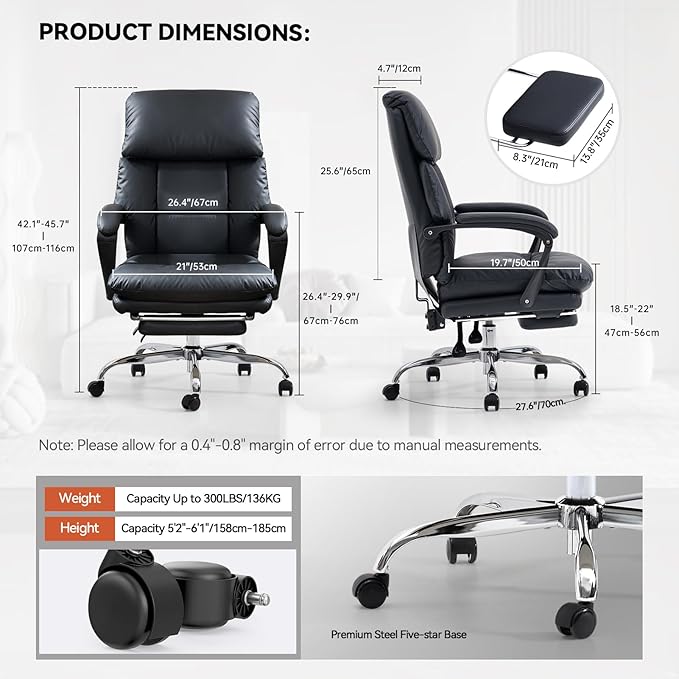 EMIAH Office Chair with Foot Rest, Ergonomic Executive Office Chair with Arms, Reclining High Back PU Leather Comfy Swivel Computer Desk Chairs with Wheels and Lumbar Support for Home Office, Black