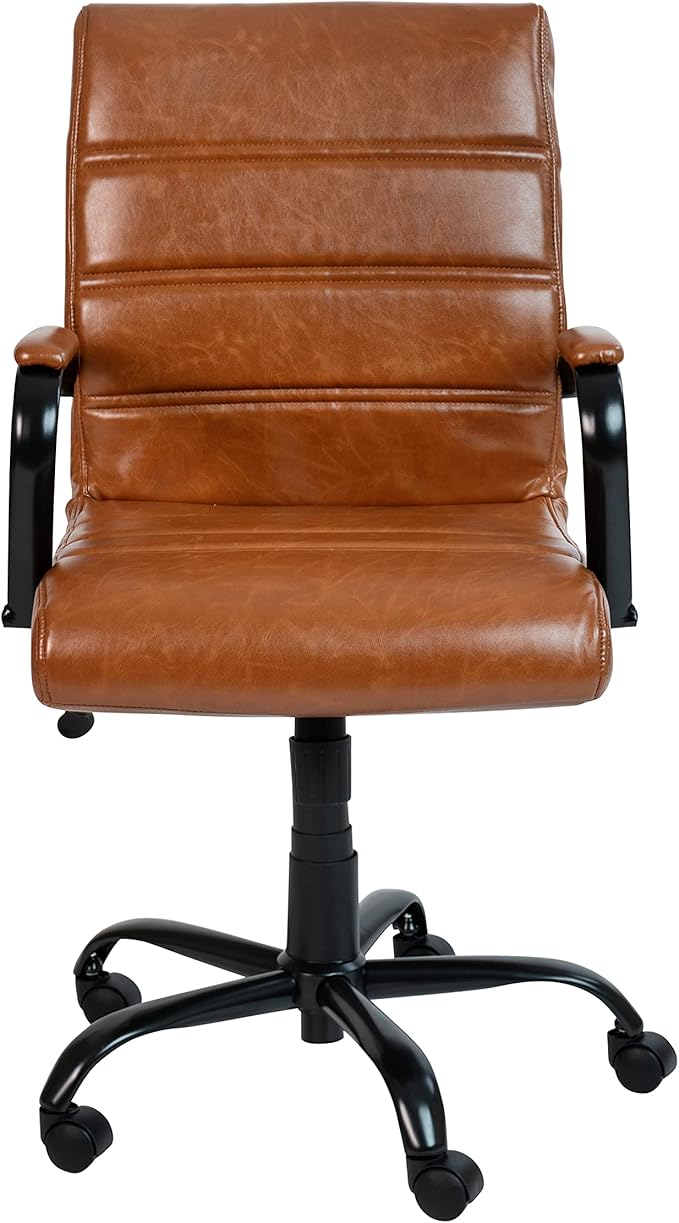 Flash Furniture Whitney Mid-Back Swivel Leather Desk Chair with Padded Seat and Armrests, Adjustable Height Padded Leather Office Chair, Brown/Black