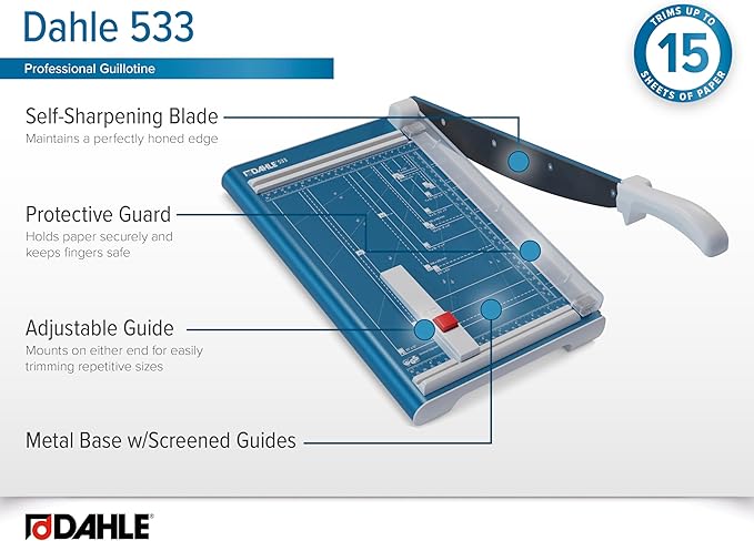 Dahle 533 Professional Guillotine Trimmer, 13" Cut Length, 15 Sheet Capacity, Self-Sharpening, Manual Clamp, German Engineered Paper Cutter