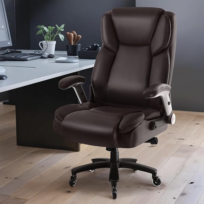 Big and Tall Office Chair 600lbs, Heavy Duty Executive Office Chair for Heavy People, Brown High Back Office Leather Ergonomic Chair with Adjustable Armrests and Lumbar Support for Computer Desk Chair