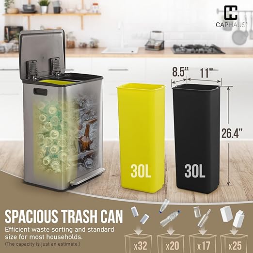 CAPHAUS Black Dual Trash Can w/Single Lid, Trash & Recycle Bins Combo, Hands-Free Stainless-Steel Garbage Can for Kitchen, with 2 Compartment, Hinged Lid, Odor Filters, Handles, 30L+30L, 2 x 8 Gal