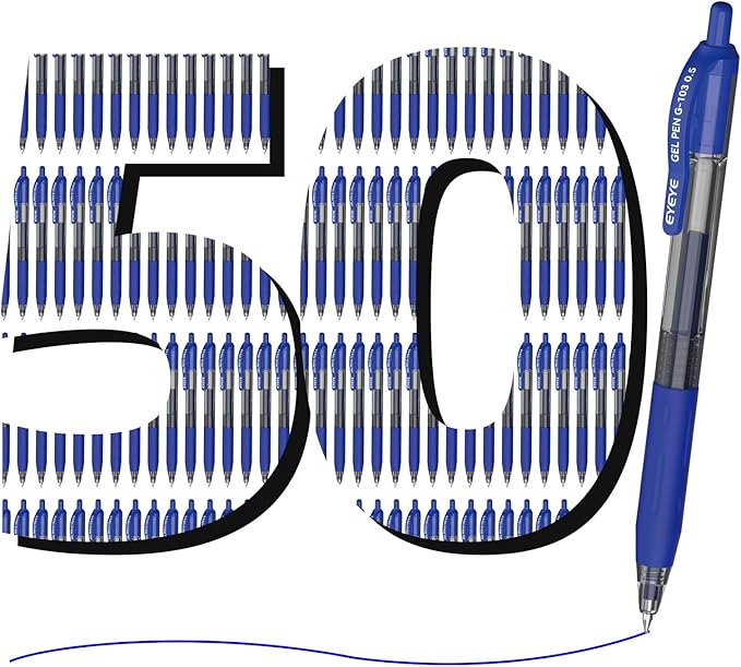EYEYE G-103 Retractable Gel Pen 0.5mm, 50 Pack Extra Fine Point Blue Ink Pens Quick Drying, Ballpoint Pen Fine Point Smooth Writing Pens for for Office School Supplies