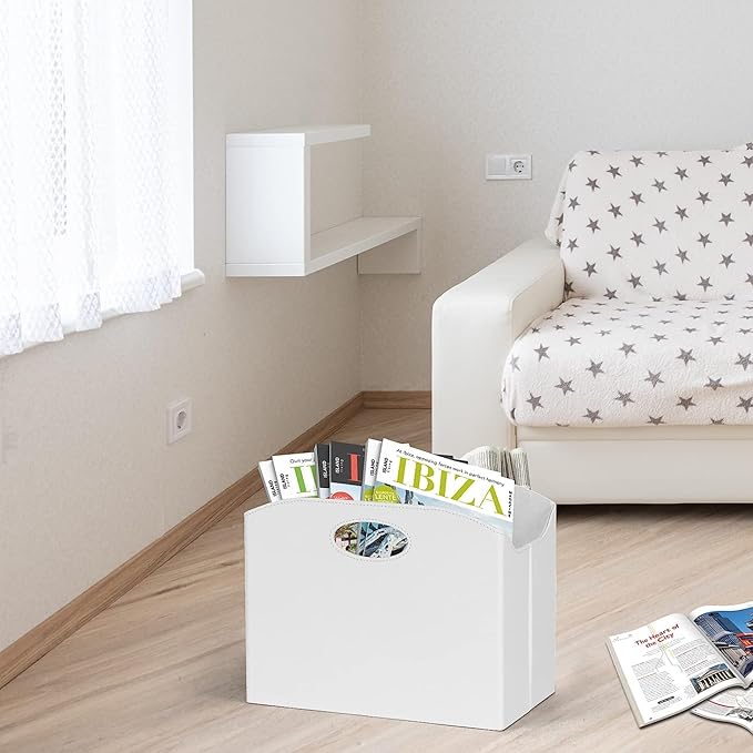 EZDeco Magazine Holder Foldable Magazine Rack Floor PU Leather File Holder Newspaper Book Storage Basket Document File Folder Organizer for Office Home (White-2)