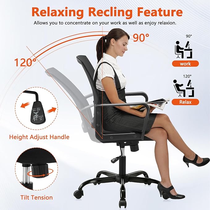 CLATINA Office Chair, Mid Back Ergonomic Desk Chairs Rolling Mesh Computer Chair with Executive Lumbar Support and Height Adjustable Design for Home Office, Black
