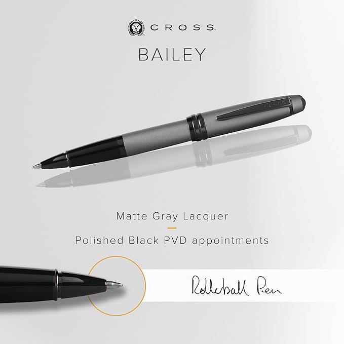 Cross Bailey Refillable Rollerball Pen Presented in a Premium Gift Box - Medium Point, Black Ink, Matte Gray