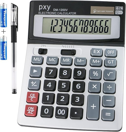 Desk Calculator 12 Digit Extra Large LCD Display, Touch Comfortable with Big Buttons, PXY Two Way Power Battery and Solar Standard Function Office Calculators