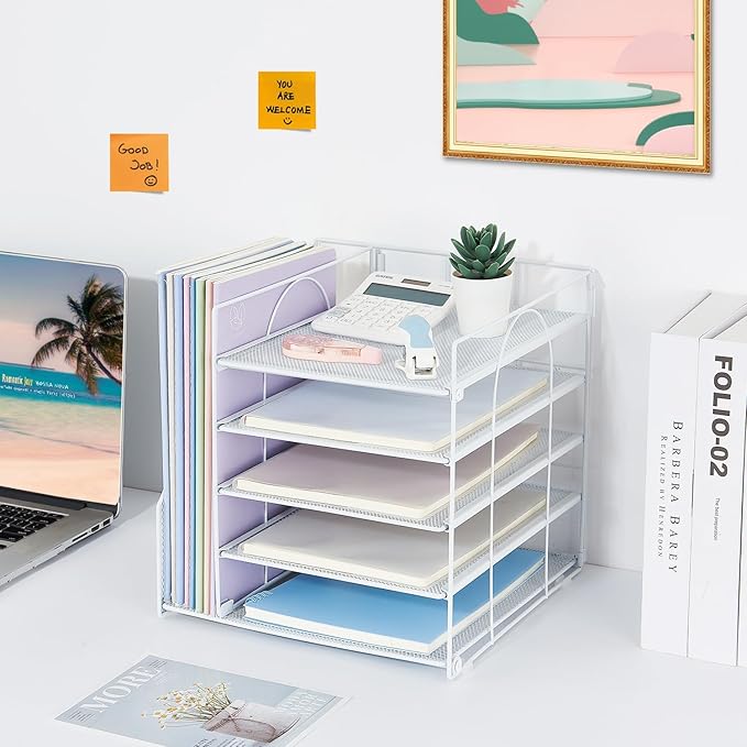 Desk Organizers and Accessories, 5-Tier Paper Letter Tray Organizer with File Holder, Desktop Organizer for Office Supplies, Office Desk Accessories & Workspace (White)