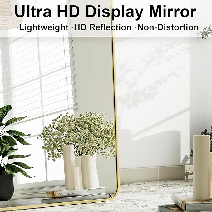 HARRITPURE 56" x 21" Rounded Full Length Mirror Aluminum Frame Gold Mirror Full Length Floor Mirror with Stand for Living Room Bedroom Cloakroom