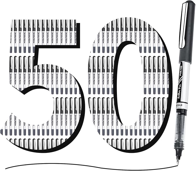 EYEYE 50 Pack 0.7mm Black Rollerball Pens, Medium Point Roller Ball Pen Quick Dry, Liquid Ink Pens Fine Point Smooth Writing Pen for Journaling, Note Taking, Office and School Supplies