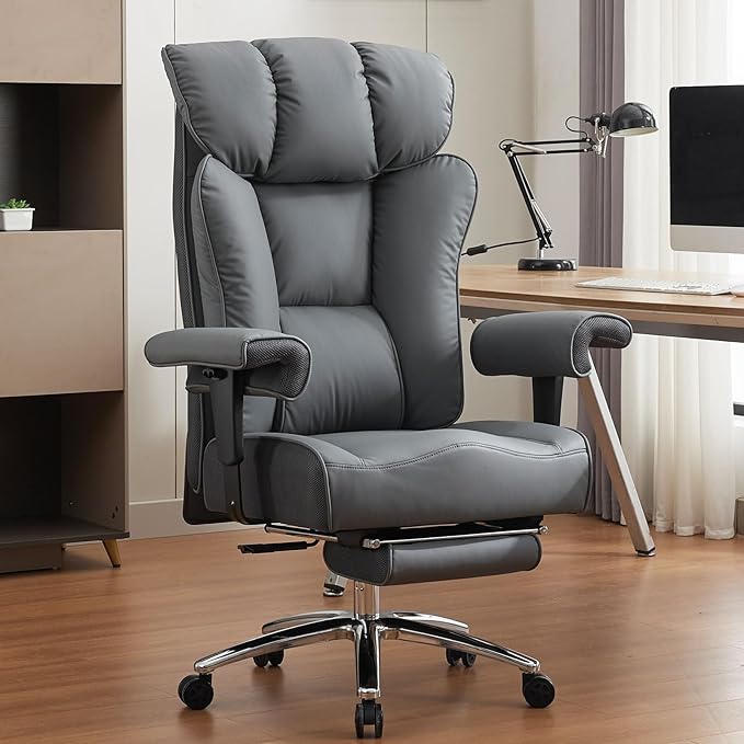 Efomao Big and Tall Office Chair 450LBS with Foot Rest, High Back PU Leather Executive Chair with Adjustable Padded Armrests, Lumbar Support for Home or Work, Heavy Duty Computer Chair, Grey