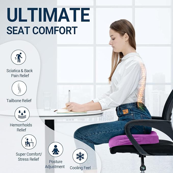 Gel Seat Cushion for Car Office - Memory Foam Pain Relief Chair Pillow Cushions - Tailbone Sciatica Coccyx Butt Lumbar Support Pad for Sitting Driving Traveling, Velvet, Purple