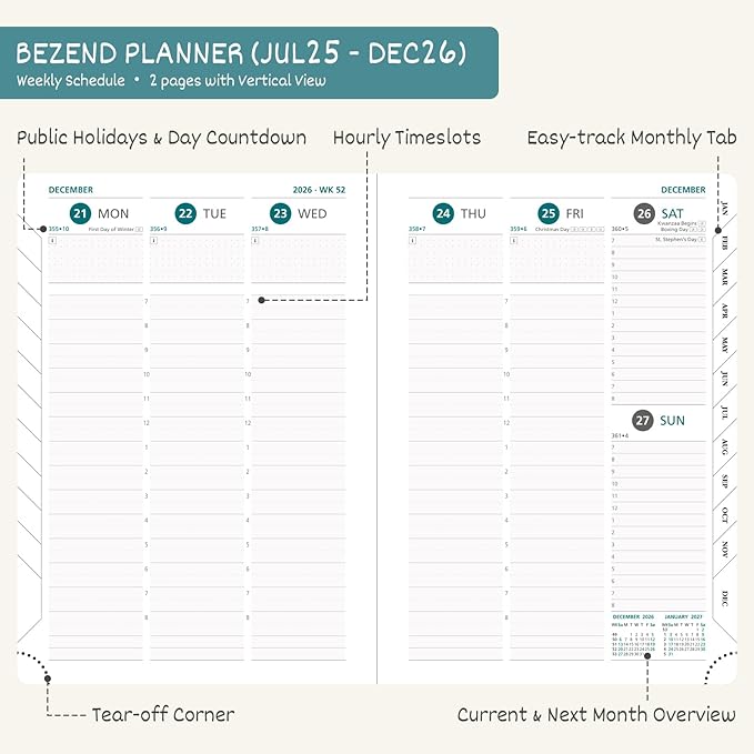 BEZEND Planner 2025-2026 Weekly and Monthly, 5.8" x 8.5" Academic Calendar (Jul 25-Dec 26) Vertical Daily Appointment with Hourly Timeslot & Monthly Tab, PU Leather Hardcover - Sky Blue