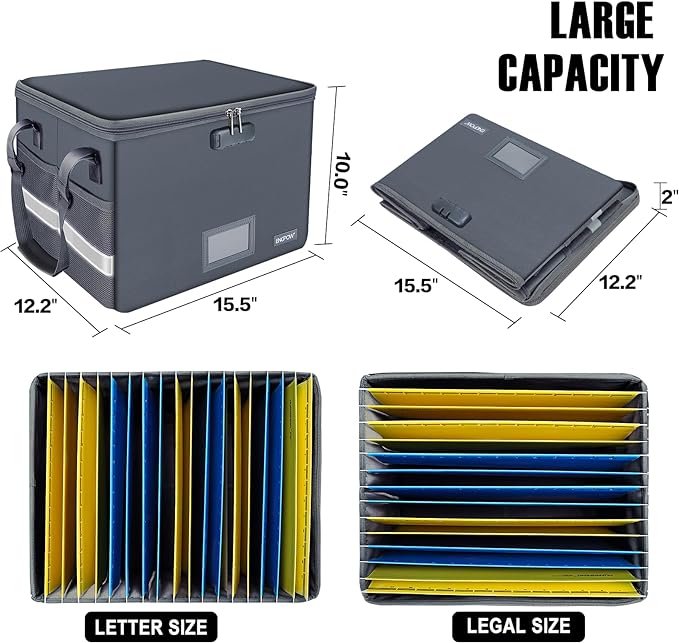ENGPOW File Box with Lock, Fireproof Document Box with Zipper Lid, Collapsible File Organizer Storage Filing Cabinet with Handle, Portable Home Office Safe for Hanging Letter/Legal Folders, Grey