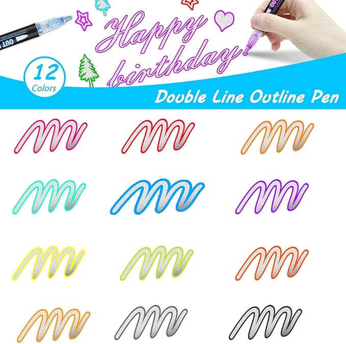 Hoxida Outline Marker Self-outline Metallic Markers, 12 Colors Double Line Outline Markers, Super Squiggles Shimmer Glitter Pen Set for Christmas Greeting Card, Kid Drawing, Doodling,DIY Art Crafts