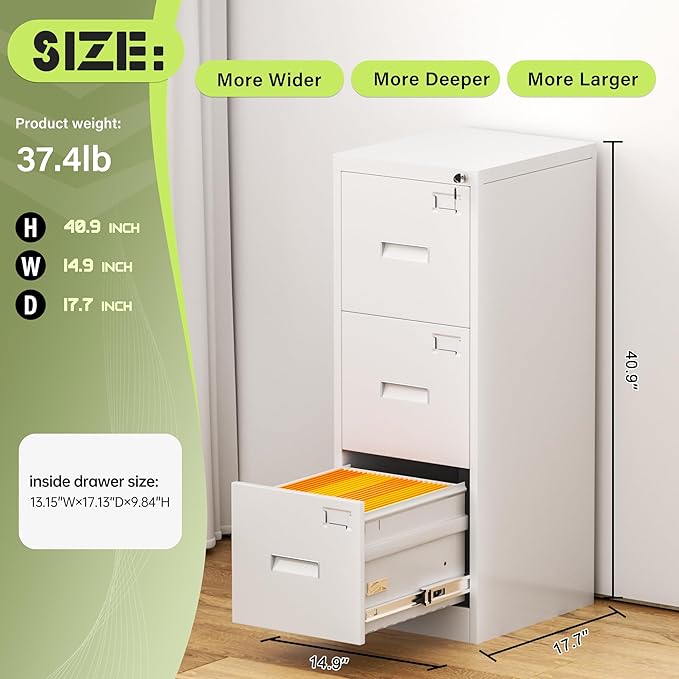 Crownland Lateral File Cabinet with 3 Drawers, 15" W Metal Lockable Office File Cabinets for Home Office- Stores Letter/Legal/A4/F4 Files(White)