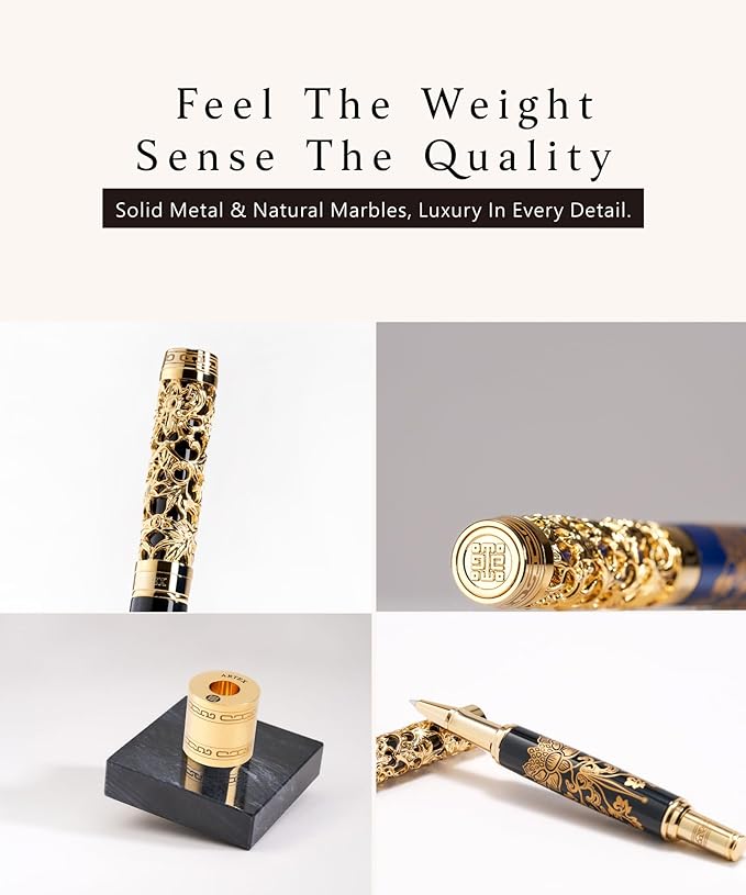 Executive Rollerball Pen Sets With Stand - Museum Art Collections - Crafting Timeless Beauty - Luxury Pen Gift & Office Desk Decor, German SCHMIDT refill, Solid Metal & Marble Texture