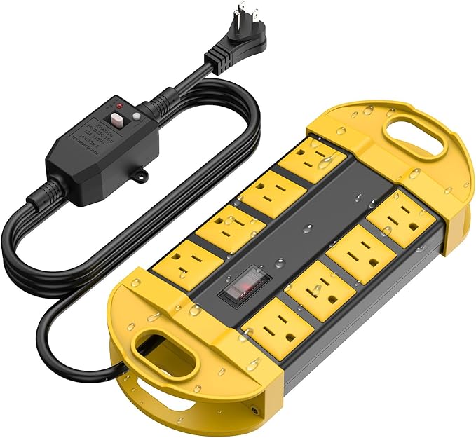CCCEI GFCI Outdoor Power Strip Weatherproof with 8 AC, Waterproof Extension Cord with Multiple Outlets, Wall Mount Surge Protector Flat Plug, Christmas Exterior Garden, Yard, 10FT, Yellow.