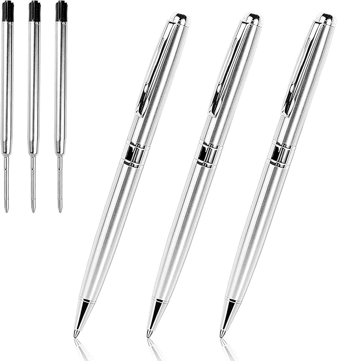 Cambond Ballpoint Pens Metal Pen - Silver Pens Black Ink for Gift Business Men Police Flight Attendant 1.0 mm Medium Point Office Pen, 3 Pens with 3 Refills (Silver)