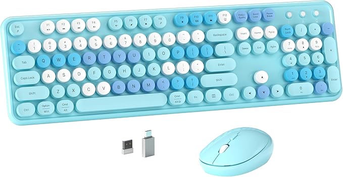 Colorful Wireless Computer Keyboard and Mouse Combo with Round Typewriter Keycaps, Retro Design, Power Switch, Ergonomic Design, 2.4GHz Wireless for Windows, Mac, PC (Blue-Colorful)