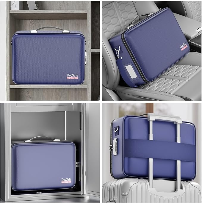 DocSafe Fireproof Document Box with Lock＆Shoulder Strap,Hard Case File Organizer with Accordion File Folder,Multi-Layer Portable Home Office Travel Safe Storage for Important Documents Laptop Blue