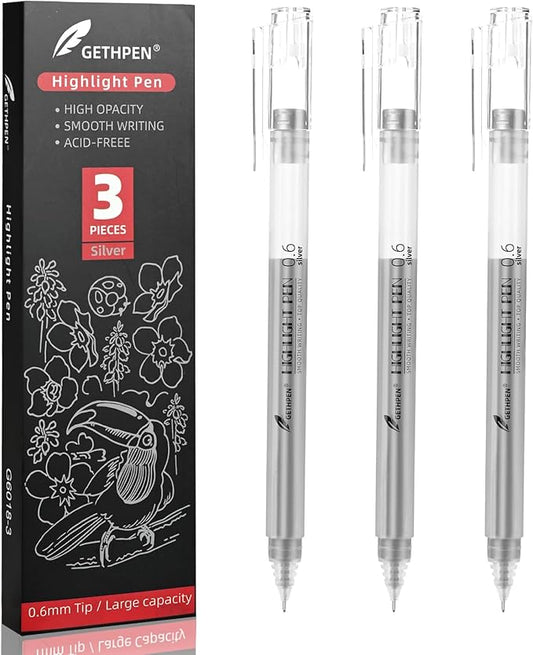 0.6mm Fine Point Silver Gel Pens, 3-Pack for Artists Drawing on Black Paper, Sketching, Adult Coloring Books & Modern Crafts
