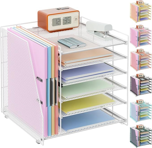 Gianotter Desk Organizers and Accessories, 6-Tier Paper Organizer with Magazine Rack, Office Desk Accessories & Workspace (White)