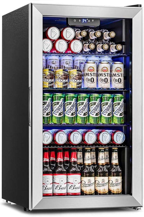 Beverage Refrigerator Cooler - 126 Can Mini Fridge Glass Door for Drinks Soda Beer Wine - Small Refrigerator for Office Bedroom Home Bar, 4 Adjustable Shelves, 3.2 Cu.Ft, Silver