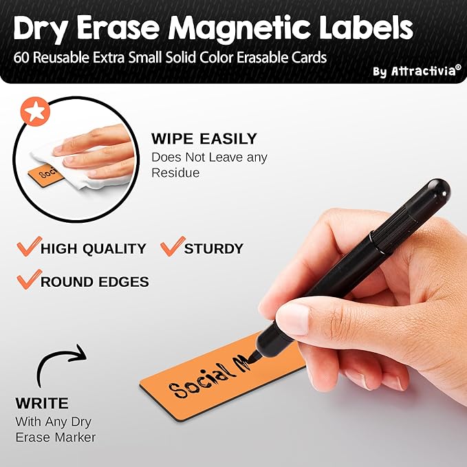 Dry Erase Magnetic Labels 2.8 x 1.2 in, Solid Colors, Dry Erase Magnets, 60-Pack, Colored Erasable Write-On All-Purpose Labels, for Office, Education, Home, Whiteboard