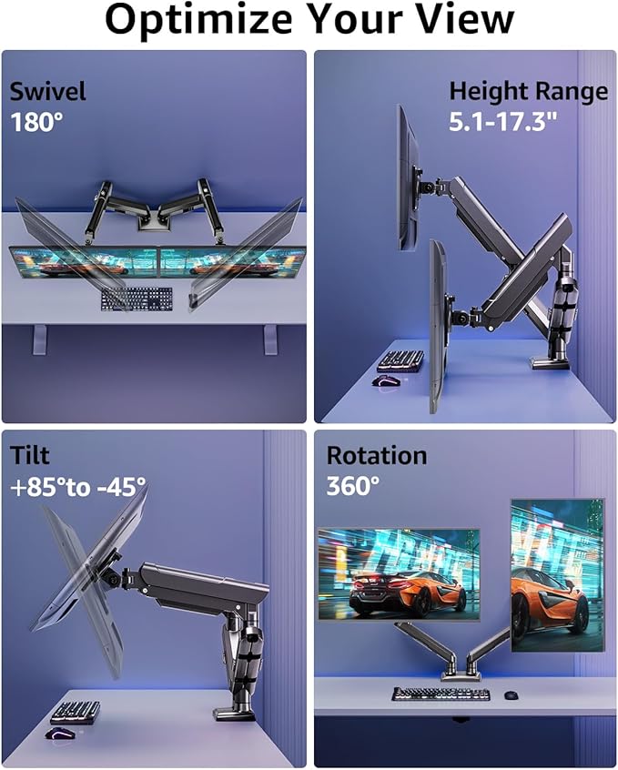 Dual Monitor Mount for 32 27 24 22inch Screens, Gas Spring Monitor Stand for 2 Monitor, Full Adjustable Monitors Desk Mount with C-Clamp＆Grommet Base, Each Arm Holds 4.4-22 lbs, Freelift Pro Black