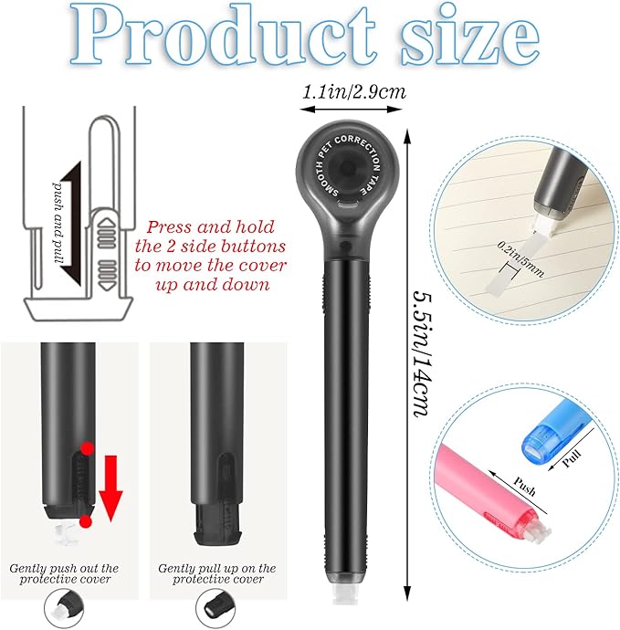 BESARME 6 Pieces Correction Tape Pen, Push Pull Protective, Easy to Use Applicator for Instant School Office Supplies, 1/5 X 236 Inch