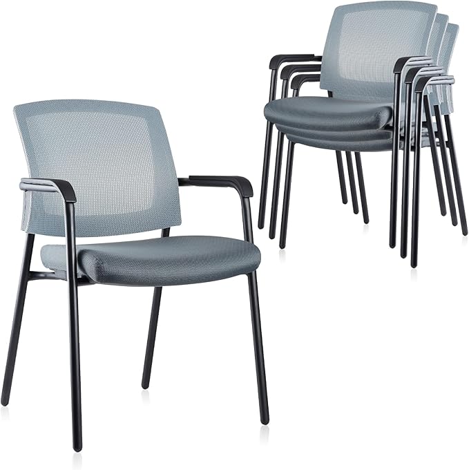 CLATINA Office Reception Guest Chair Mesh Back Stacking with Ergonomic Lumbar Support and Thickened Seat Cushion for Waiting Conference Room Gray 4 Pack