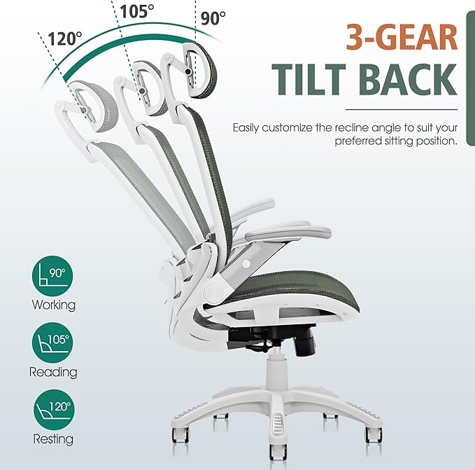 GABRYLLY Ergonomic Office Chair, High Back Home Desk Chair with Headrest, Flip-Up Arms, 90-120° Tilt Lock and Wide Cushion, 400LBS Mesh Chairs for Man Woman, White Task Chair(Olive Green,GY01WOG)