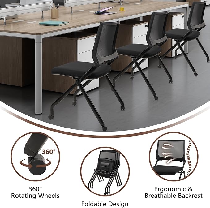 CLATINA Stackable & Foldable Conference Room Chairs, Waiting Room Chairs with Wheels & Lumbar Support, Ergonomic Mesh Bouncing Back Folding Chair for Office Meeting Schools Training Room, Black(8pk)