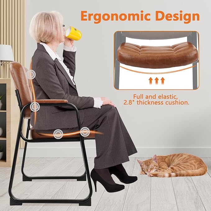 CLATINA Big & Tall 500 lbs Waiting Room Chairs with Padded Armrests and Sled Base, Leather Stationary No Wheels Office Guest Chair for Reception Lobby Home and Meeting Conference, Brown (8 Pack)