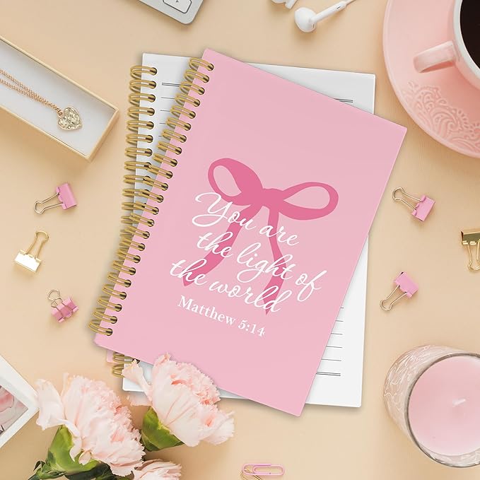 Coquette Pink Bows Spiral Notebook, Christian Bible Verse Journaling Notebooks for Note Taking, Preppy Aesthetic Inspirational Hardcover Journals for Teen Girls Women, 160 Pages 5.5 x 8.3 Inch