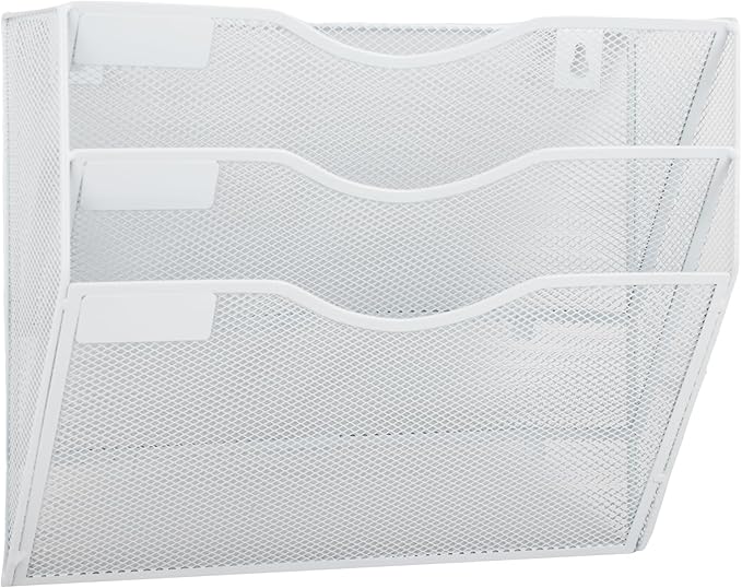 EASEPRES 3 Pocket Mesh Hanging Wall File Organizer, Wall Mounted Mail Paper Document Folder Holder, Clipboard Storage Organization Magazine Rack with Nametag Label for Office Home School, White