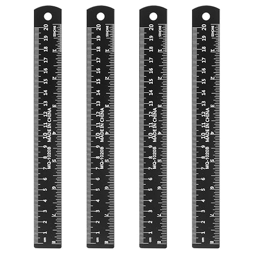 HARFINGTON 4pcs Metal Straight Ruler 20cm Metric SAE Aluminum Alloy Measuring Rulers Scale Tool with Hole for Measure Study Reading Classroom Office, Black