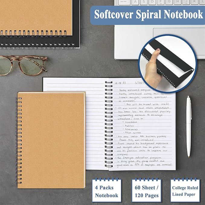 GINMLYDA Small Spiral Notebook A5, 2Pack 120 Lined Pages 8.25x5.5 Inches Spiral Journal Kraft Cover Notebooks & Writing Pads for School Home Office Aesthetic Sketch Drawing Note