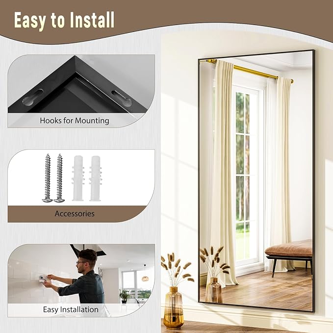 GLSLAND 76"x34" Full Length Mirror Extra Large Hanging or Leaning Rectangle Mirror Aluminum Alloy Thin Frame Bedroom Floor Dressing,Black