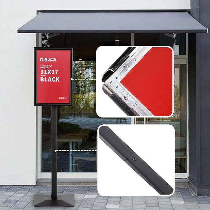 DISPLAYSWORKER Adjustable Heavy Duty Pedestal Sign holder floor Stand,sign stand poster stand Aluminum Snap Open Frame,Standing Floor for 8.5x 11 inch,Vertical/Horizontal View,Black