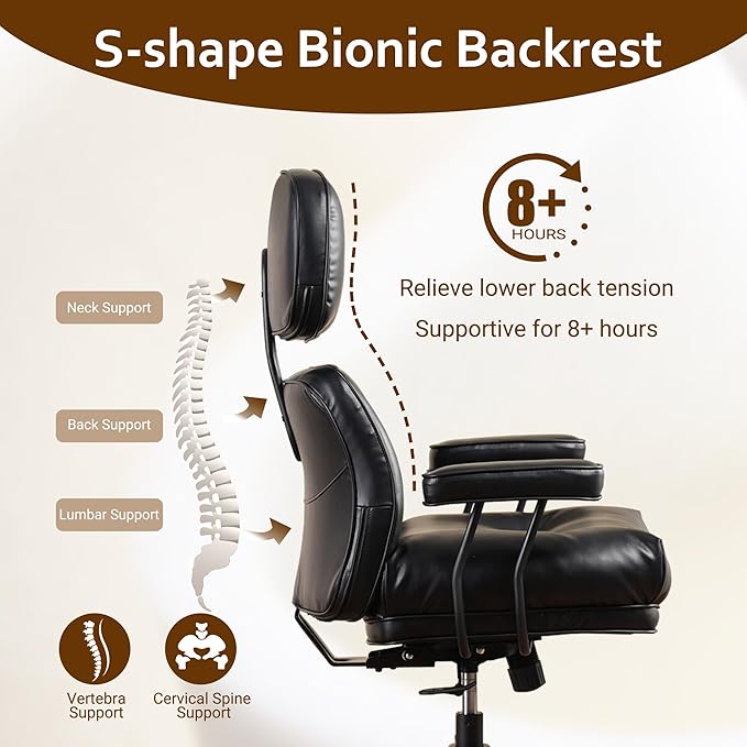 Faux Leather Executive Office Chair - Big and Tall Ergonomic Home Office Chair,Reclining Computer Desk Chair with Lumbar Support,Adjustable Task Chair Swivel Rolling PC Chair with Wheels,Black,PU