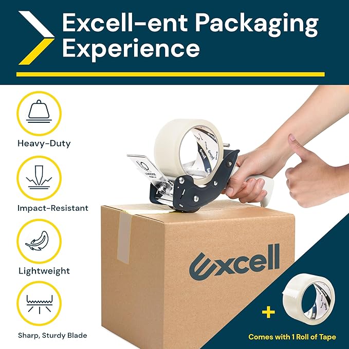 Excell RTS-82891 Low Noise Tape Dispenser, 2" Wide, 3" Core with Pushflap Technology & Static Cling Strip for Quiet, Smooth Carton Sealing - Includes Tape Roll, 1 Pack