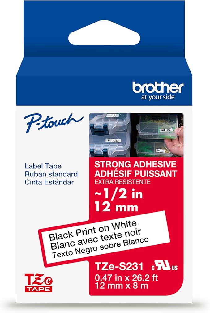 Brother Genuine P-Touch TZe Black Print on White Label Tape (TZeS231), Strong Adhesive Laminated, ~1/2in x 26.2ft (12mm x 8m), for Select P-Touch Label Makers, Water-Resistant, Extra Strength