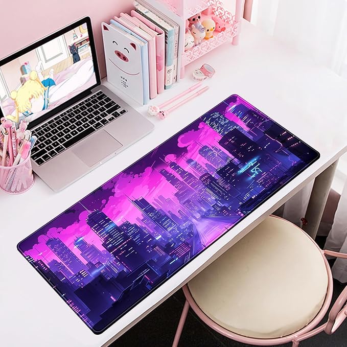 Desk Pad Cyberpunk Purple Desk Mat City Skyline Gaming Extended Mouse Pad Big Office Keyboard Pc Laptop for Women Large Mousepad with Stitched Eges Non-Slip Base Mouse Keyboard Mat 31.5x11.8 in