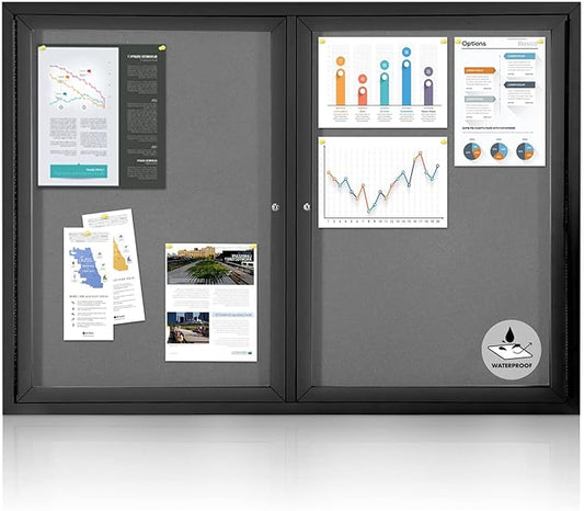 Enclosed Bulletin Board Outdoor Noticeboard with Locking Door, Weather-Resistant, Grey Felt, Black Aluminum Frame, 48 x 34 in