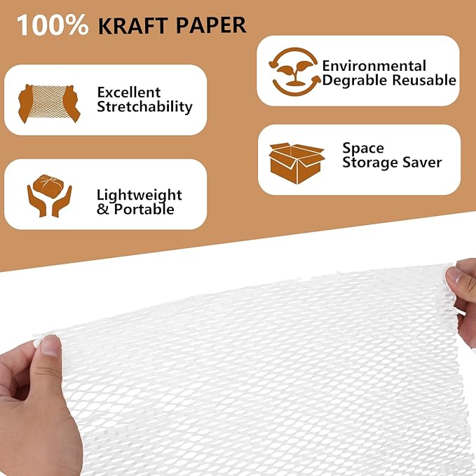 Honeycomb Packing Paper, 12" x 200' Packing Paper Substitute Alternative for Bubble Cushioning Wrap for Moving Shipping Packaging, Recyclable Moving Supplies Bubble Packing Wrap Roll-White