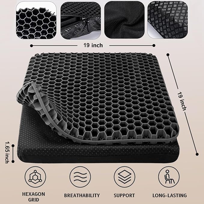 Gel Seat Cushion, 19x19inch Super Large Gel Cushion Pressure Pain Relief Seat Cushion for Long Sitting, Soft Breathable Gel Chair Pads for Home Office Wheelchair Car Seat (Black)
