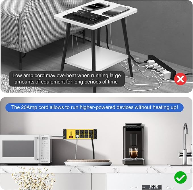 CCCEI Yellow Heavy Duty Power Strip Surge Protector 20 AMP, 8 Outlets 12 Gauge Industrial Shop Garage Metal Multiple Outlets, 12 FT Extension Cord 5-15P Adapter High Amp 6-20R T-Slot 20a for Appliance