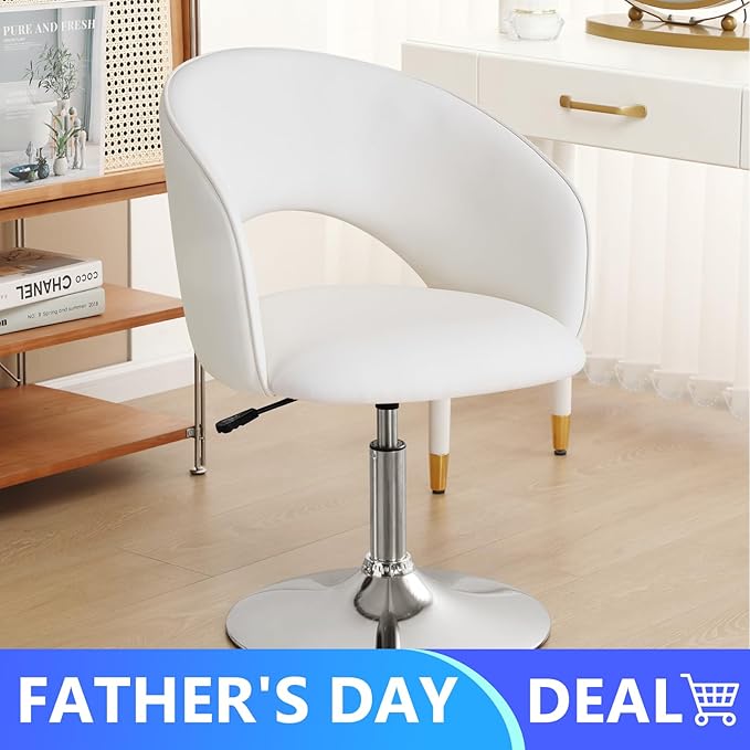Furnimart Vanity Chair White Leather Vanity Stool, Height Adjustable Accent Chair with Back, Round Swivel Makeup Chair for Living Room Bedroom Vanity Makeup Room (PU White)