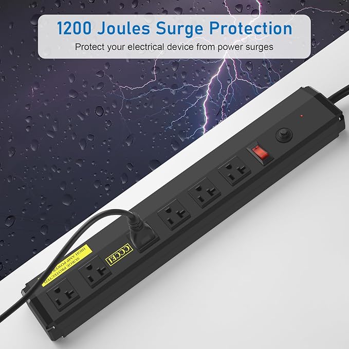 CCCEI Heavy Duty Power Strip Surge Protector 20 Amp, High Amp Industrial Shop Garage Metal Multiple Outlets, 4 FT 12 Gauge 5-15P Extension Cord 6 Outlet 6-20R T-Slot 20a for Appliance. Black.